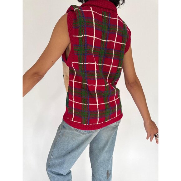 90s vintage outdoor nature print knitted plaid button up hand knit sweater vest - Picture 4 of 9